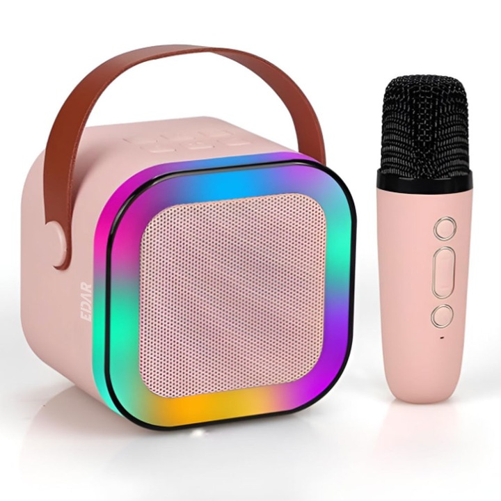 EDAR Karaoke mikrofon és vezeték nélküli hordozható hangszóró, vezeték nélküli, hangváltó funkcióval, Bluetooth csatlakozással, USB és 3.5 mm Jack porttal, RGB LED fényekkel, rózsaszín