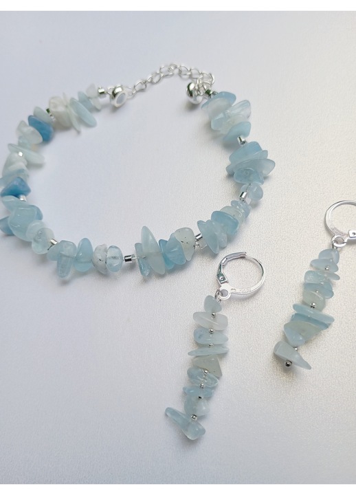 925-ös ezüstözött ékszer szett, akvamarin és hematit, 18.5cm, 4cm