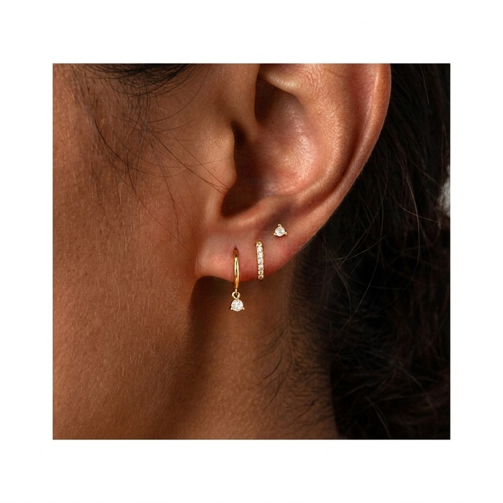 Set Cercei Aur Leccik, 3 Perechi, Placati cu Aur 14K, Zirconiu Cubic AAAAA, Hipoalergenici, Culoare Aurie