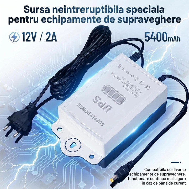 Mini UPS, Excitat®, 12V, 2A, 5400 mAh, Adaptor de alimentare pentru camere de supraveghere, Protectie impotriva ploii si fulgere, Durata neintrerupta a bateriei UPS, Protectie la supraincarcare, supratensiune, temperaturi ridicate si scurtcircuit, Alb
