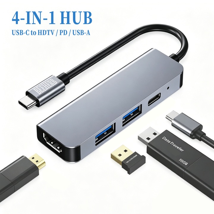 Beeherb® Hub USB-C 4 az 1-ben, Multiport adapter HDMI 4K, USB 3.0, USB-C PD 87W csatlakozókkal, Dokkolóállomás laptophoz/tablethez, Szürke