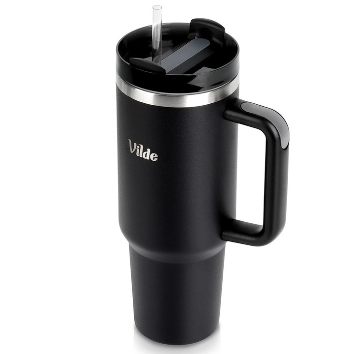 Cana termos mare 1.2L Vilde, din inox, cu maner, pereti dubli, mentine cald/rece, negru