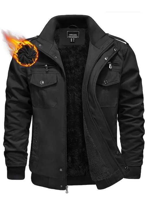 Geaca de iarna barbati tip aviator cu captuseala fleece KEFITEVD, stil army cargo, marime L, culoare negru