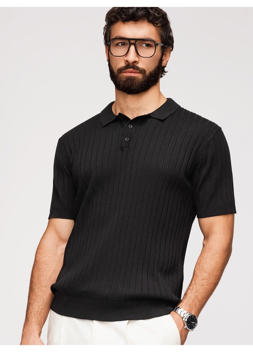 OMBRE Férfi Slim Fit Kötött Póló Viszkózzal, Fekete