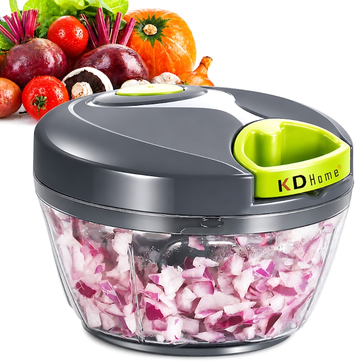 Tocator de Legume Manual Profesional KD Home® ChopChop, Tip Chopper, Lame Inox, Cu Tragere, Foarte Rezistent, 500ML, Pentru Ceapa, Morcovi, Rosii, Usturoi, Avocado, Carne, Verde
