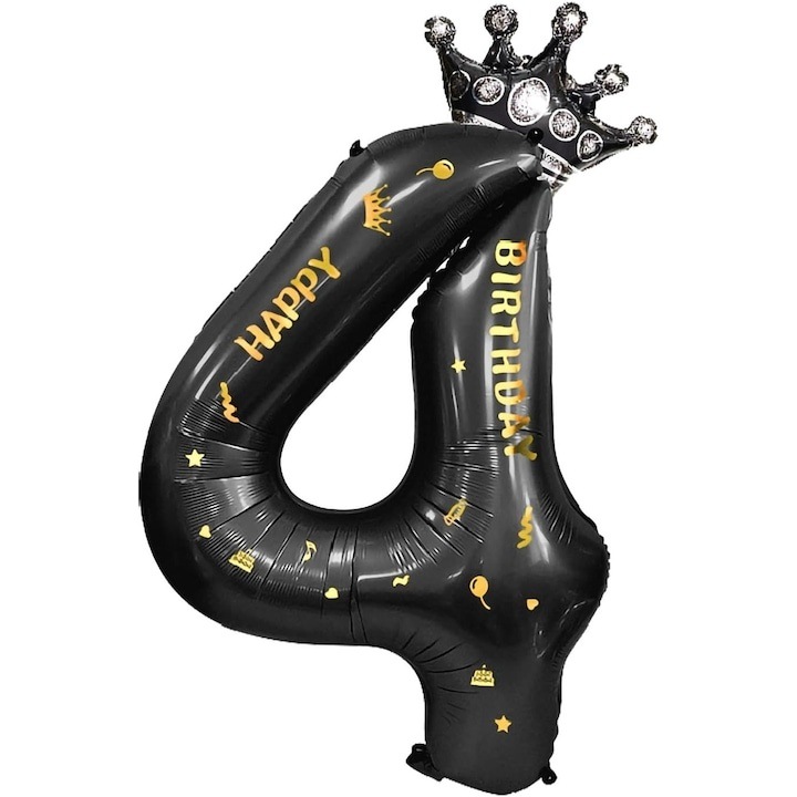 Balon folie cifra 4 cu coroana Happy Birthday 100 cm, negru, umflare aer sau heliu, aniversare decor petrecere