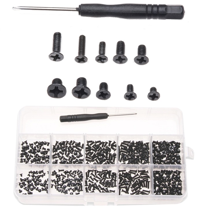 Suruburi Negre M2 M3 Macvi®, Set 500 Bucati, 10 Dimensiuni, Cu Surubelnita, Metal Rezistent, Organizare DIY
