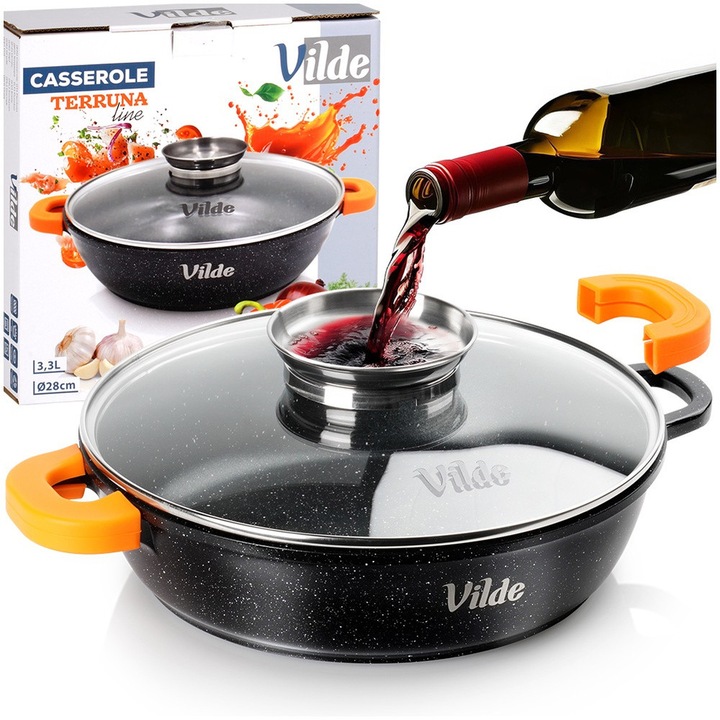 Tigaie Adanca Cu Capac Si Dozator Aroma, Vilde, Terruna Aroma, 3.3 L, 28 cm, Aluminiu Turnat, Negru, Invelis Granit Antiaderent, Protectii Silicon Portocalii, Compatibila Inductie Si Cuptor, Masina Spalat Vase, Ustensile Gatit De Lux