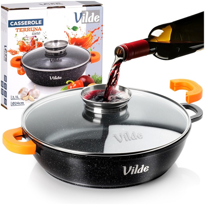 Дълбок тиган с капак и дозатор за аромат, Vilde, Terruna Aroma, 2.1 L, 24 см, лят алуминий, черен, незалепващо гранитно покритие, оранжеви силиконови предпазители, съвместим с индукция и фурна, съдомиялна машина, професионални съдове за готвене