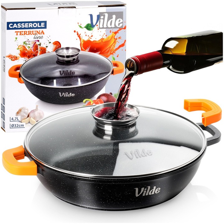 Mély serpenyő fedővel és aromaadagolóval, Vilde, Terruna Aroma, 4.7 L, 32 cm, öntött alumínium, fekete, tapadásmentes gránit bevonat, narancssárga szilikon védőelemek, indukciós és sütőkompatibilis, mosogatógépben mosható, prémium luxus főzőeszközök