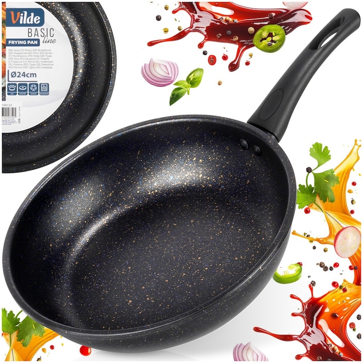 Univerzális serpenyő, Vilde, Basic Line, 2.0 L, 24 cm, szénacél, fekete, tapadásmentes gránit bevonat, gáz, elektromos, kerámia főzőlappal kompatibilis, ergonomikus fogantyú akasztónyílással, mosogatógépben mosható, egészséges prémium főzés, luxus