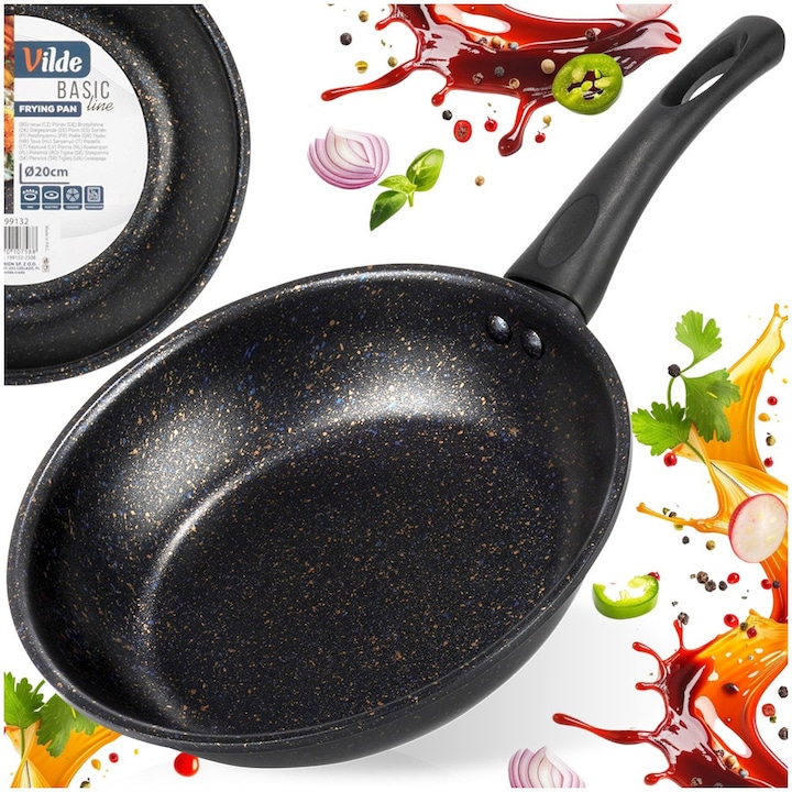 Univerzális serpenyő, Vilde, Basic Line, 1.2 L, 20 cm, szénacél, fekete, tapadásmentes gránit bevonat, gáz-, elektromos és kerámia főzőlappal kompatibilis, ergonomikus fogantyú akasztónyílással, mosogatógépben mosható, egészséges prémium főzés, luxus