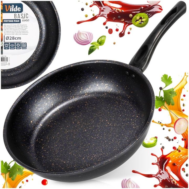 Univerzális serpenyő, Vilde, Basic Line, 3.0 L, 28 cm, szénacél, fekete, tapadásmentes gránit bevonat, gáz, elektromos és kerámia főzőlaphoz kompatibilis, ergonomikus fogantyú akasztónyílással, mosogatógépben mosható, egészséges főzés prémium luxus