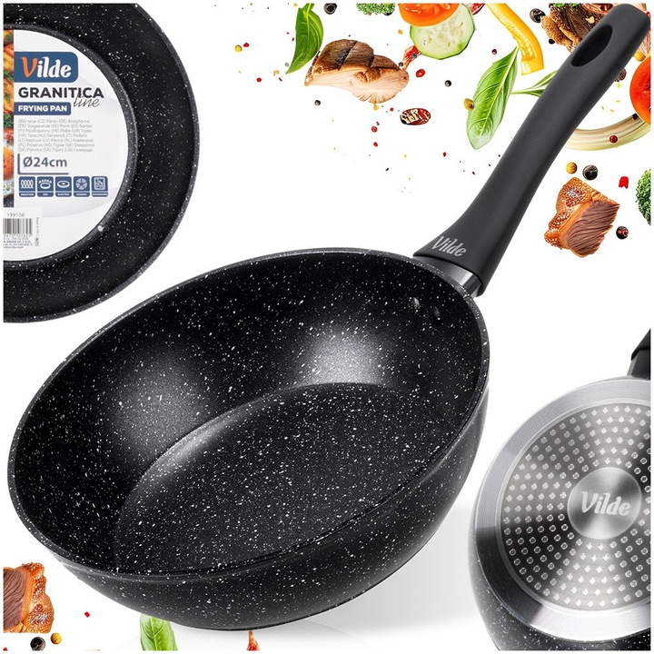 Univerzális serpenyő, Vilde, Granitica, 2.2 L, 24 cm, Öntött alumínium, Fekete, Tapadásmentes gránit bevonat, Ergonomikus Soft Touch fogantyú akasztónyílással, Indukciós és mosogatógép kompatibilis, Modern elegáns design, Prémium főzés