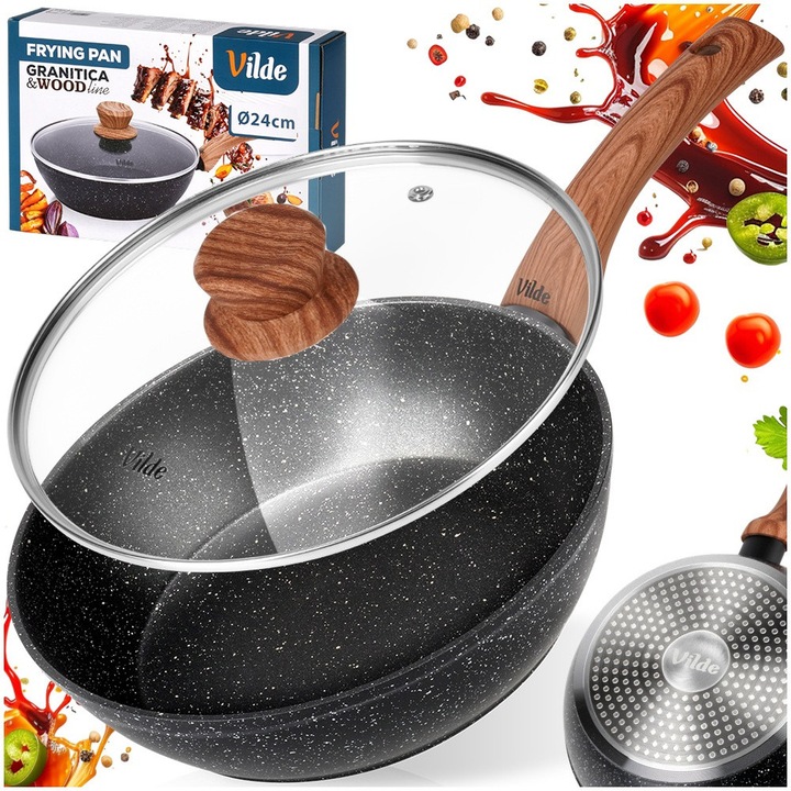 Univerzális serpenyő üvegfedővel, Vilde, Granitica Wood, 2.2 L, 24 cm, Öntött alumínium, Fekete-barna, Tapadásmentes gránit bevonat, Ergonomikus, fa hatású Soft Touch fogantyú, Indukciós és mosogatógép kompatibilis, Elegáns design a luxus főzéshez