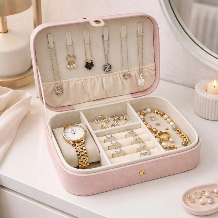 Ékszerdoboz, rózsaszín, több rekesszel