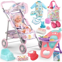 Set carucior pentru papusi，SHIJOOE®，cadru metalic rezistent，Pliabil，papusa de 32 cm，cu 20 accesorii，Haine detasabile，Biberon, Olita, 3 linguri, Tacamuri, Scutec, Baveta，cu Copertina Reglabila，Roti Rezistente，pentru copii 3 ani+，ideal pentru joaca de rol