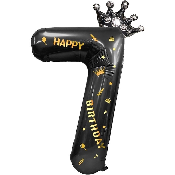 Balon folie cifra 7 cu coroana Happy Birthday 100 cm, negru, umflare aer sau heliu, aniversare decor petrecere