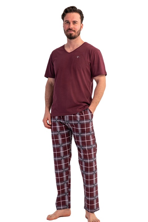 Férfi pizsama Vienetta Man, UrbanGrid V-nyakú modell, Bordó