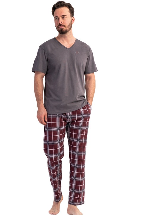 Férfi pizsama Vienetta Man, UrbanGrid V-nyakú modell, Bordó/Szürke