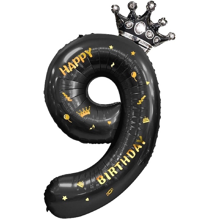 Balon folie cifra 9 cu coroana Happy Birthday 100 cm, negru, umflare aer sau heliu, aniversare decor petrecere