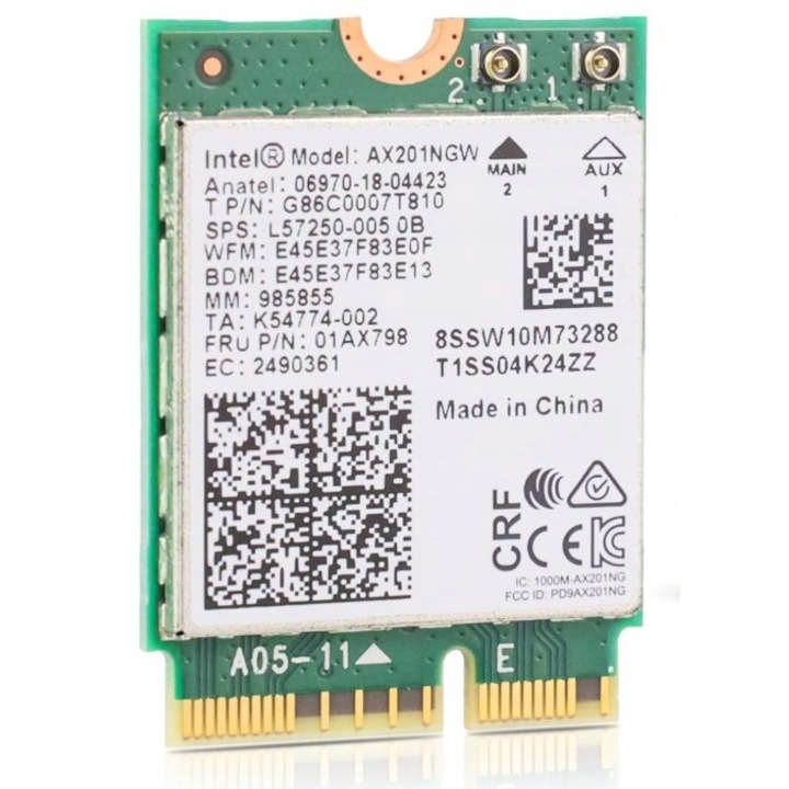 Placa de retea Intel Wi-Fi 6 AX201, Bluetooth 5.2, 2.4x5GHz, 2.4Gbps, M.2 2230
