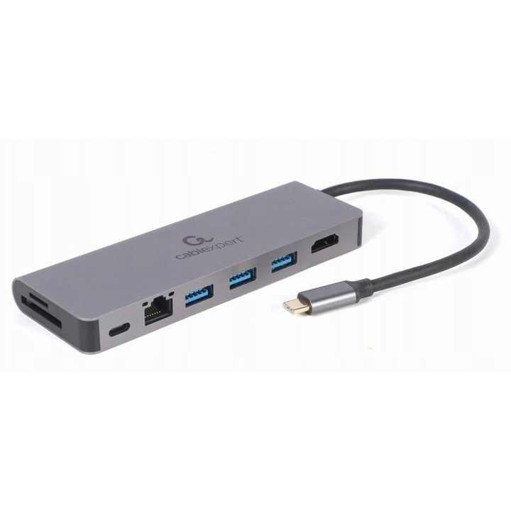 USB-C хъб Gembird A-CM-COMBO5-05, 3 USB 3.2 порта, HDMI, четец за microSD, RJ-45, сребрист, 105x41x18mm