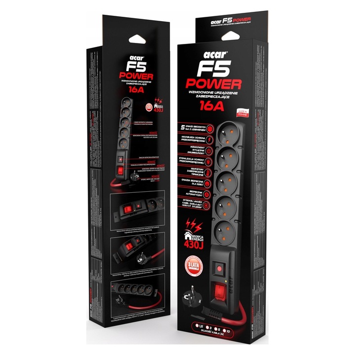 Разклонител Acar F5 Power 5 гнезда 1,5м, черен, защита от пренапрежение