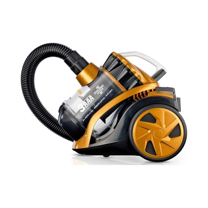 Aspirator fara sac Hyundai R30TAXS1, ciclon, filtru HEPA, 800 W, capacitate 1 l, cablu 5 m, diametru conectare 32 mm, 78 dB, clasa energetica A, auriu/negru