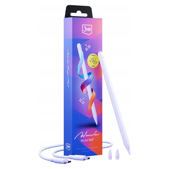 Rysik activ 3mk Wonder Pen pentru iPad, wireless si USB-C, cu 2 capete de rezerva, alb