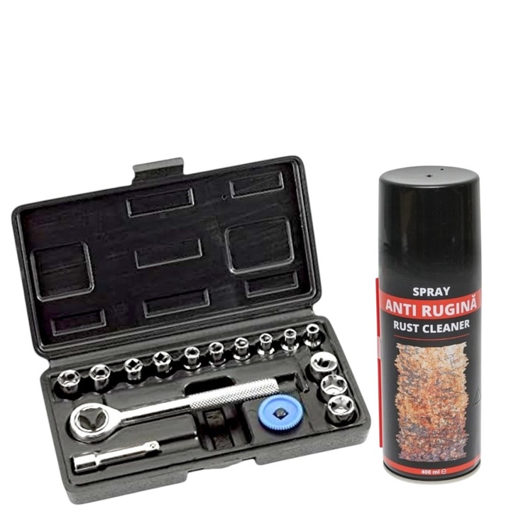 Set 13 chei tubulare 04-13 mm, cu prelungitor extensie 50 mm si cheie antrenor cu clichet reversibil 120 mm, pentru spatii greu accesibile cu Spray tehnic anti rugina, 400 ml, uz casnic/profesional