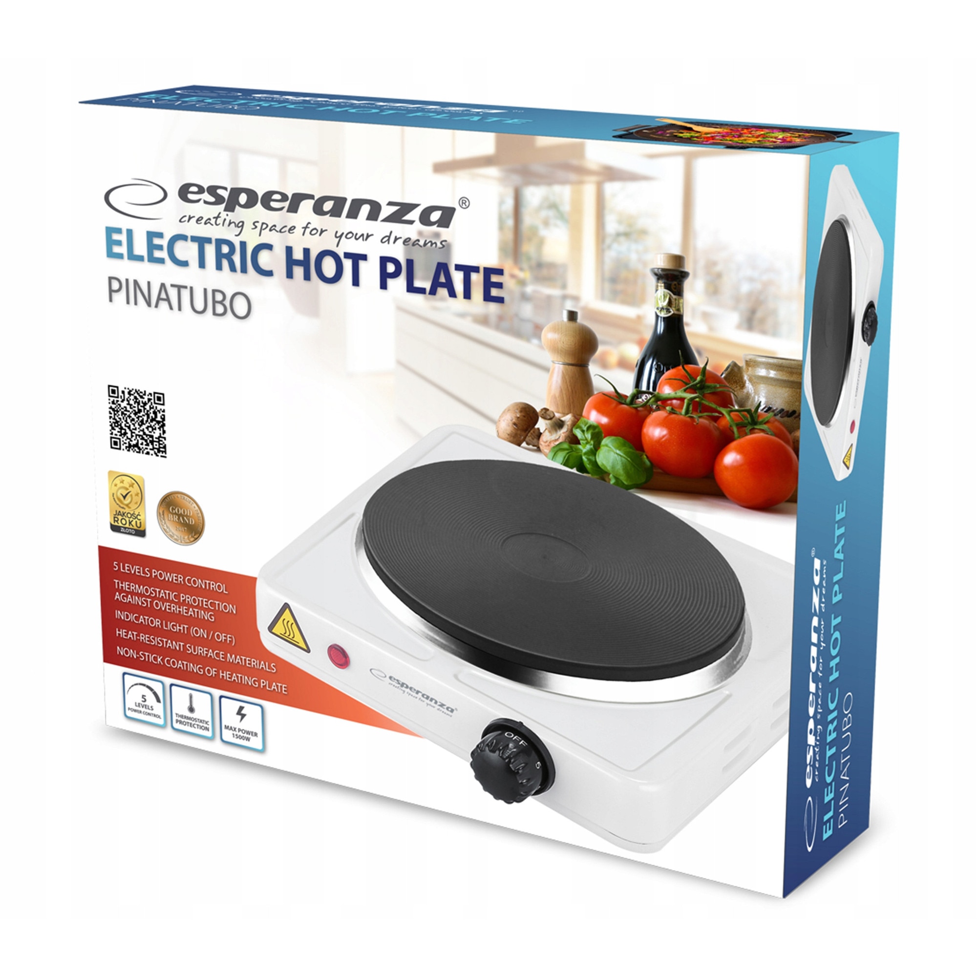 Aragaz electric Esperanza Pinatubo, 1500 W, 1 zona de gatit 18,5 cm, alb