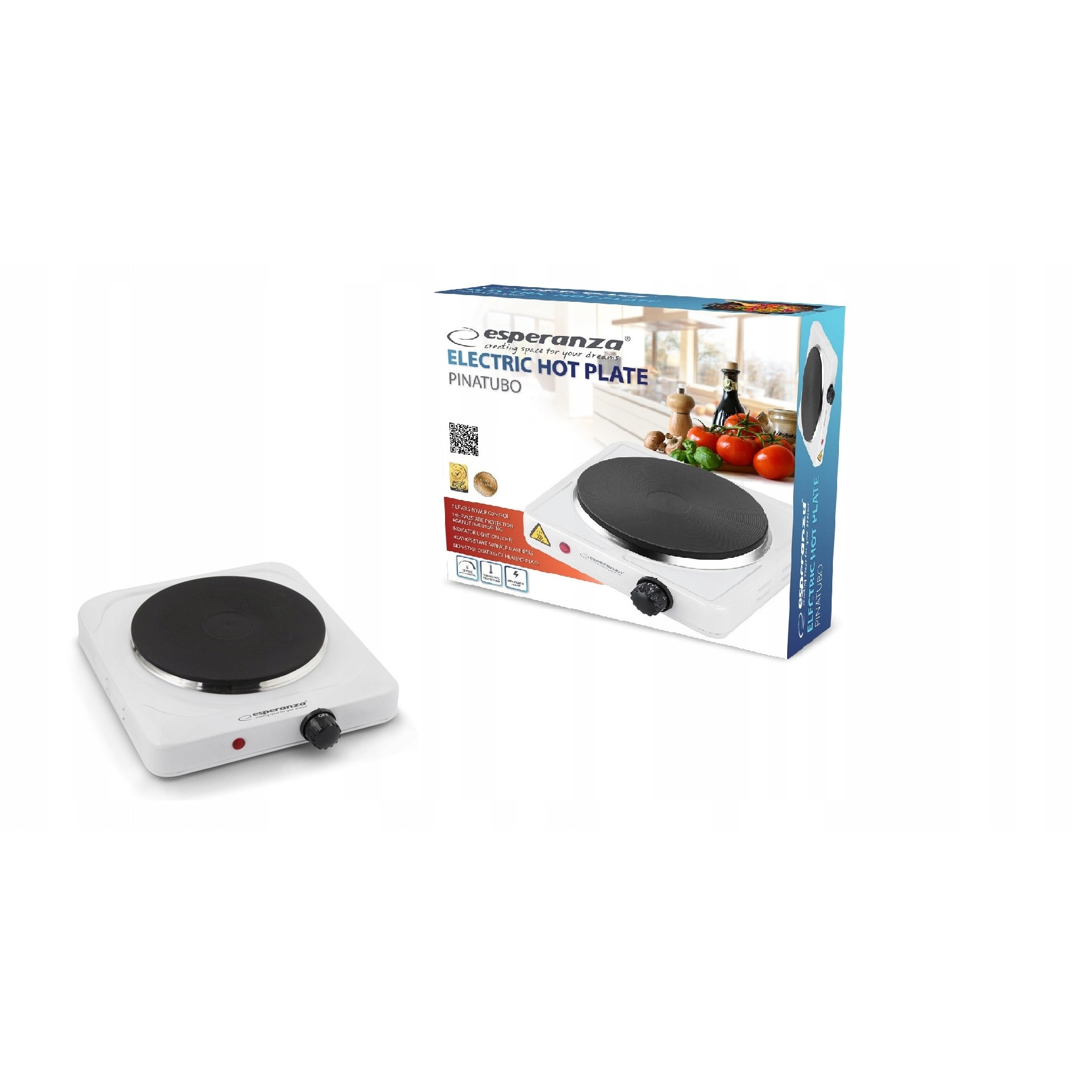 Aragaz electric Esperanza Pinatubo, 1500 W, 1 zona de gatit 18,5 cm, alb
