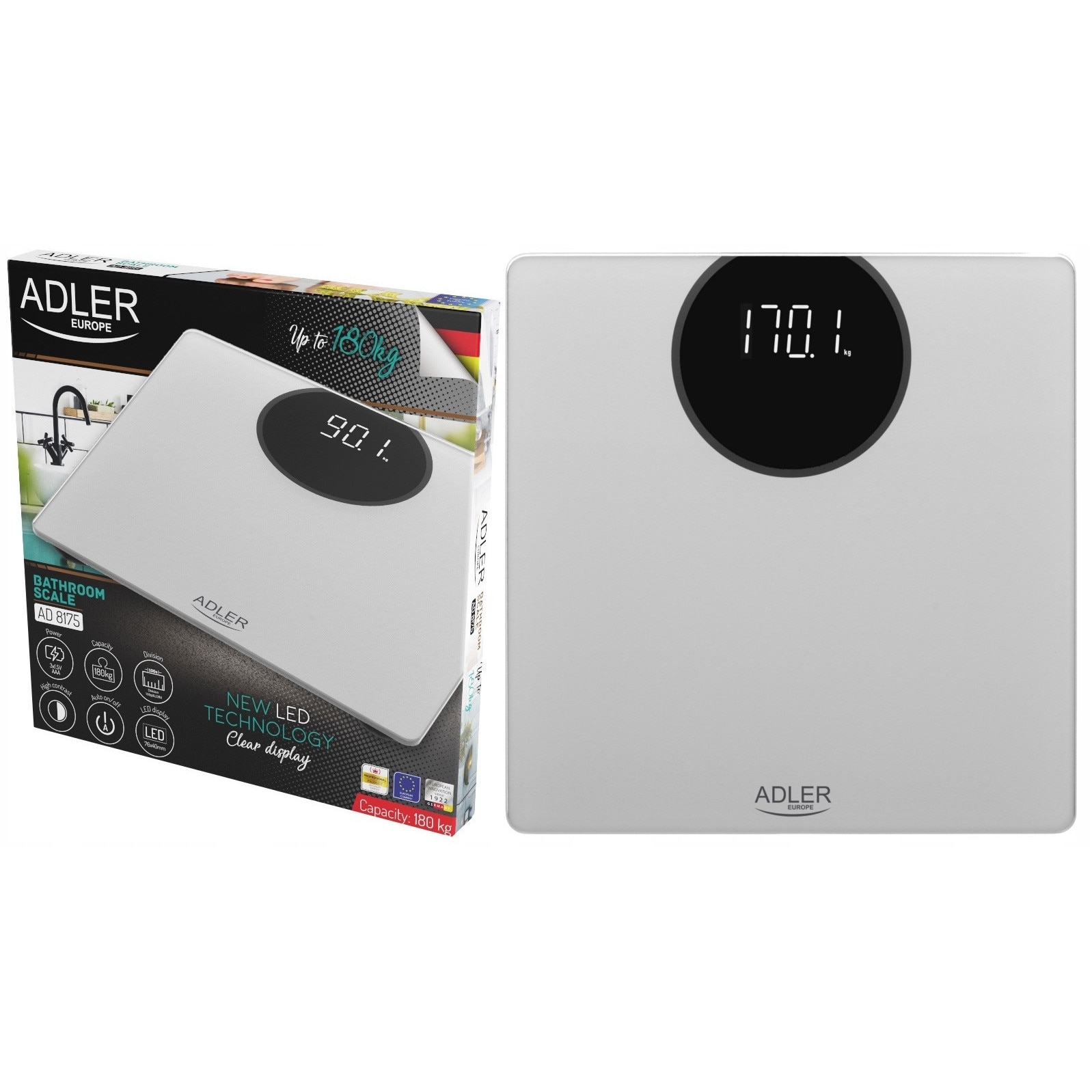 Cantar corporal Adler, model AD 8175, 180kg, display LED, 300x300mm ...