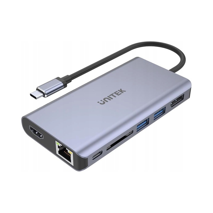USB-C хъб Unitek, 2x USB 3.1, HDMI, DP, RJ45, SD, сив, 105x30x170мм