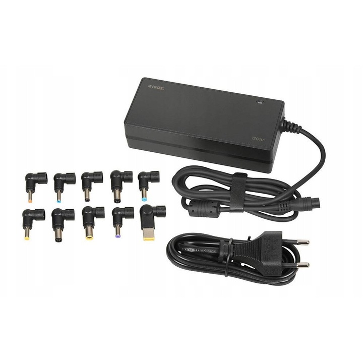 Универсално захранване/зарядно за лаптоп, IBox IUZ120WA 120W, 10 сменяеми накрайника, защити OCP/OPP/SCP/OTP, черно, 1 бр