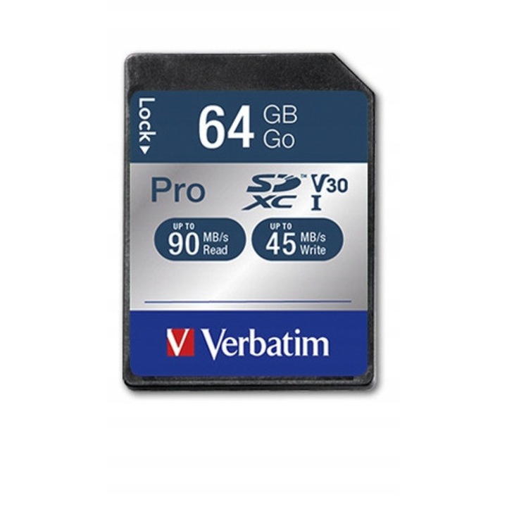 Карта памет SDXC Verbatim Pro U3 64GB, 90x45 MB/s, водоустойчива и удароустойчива