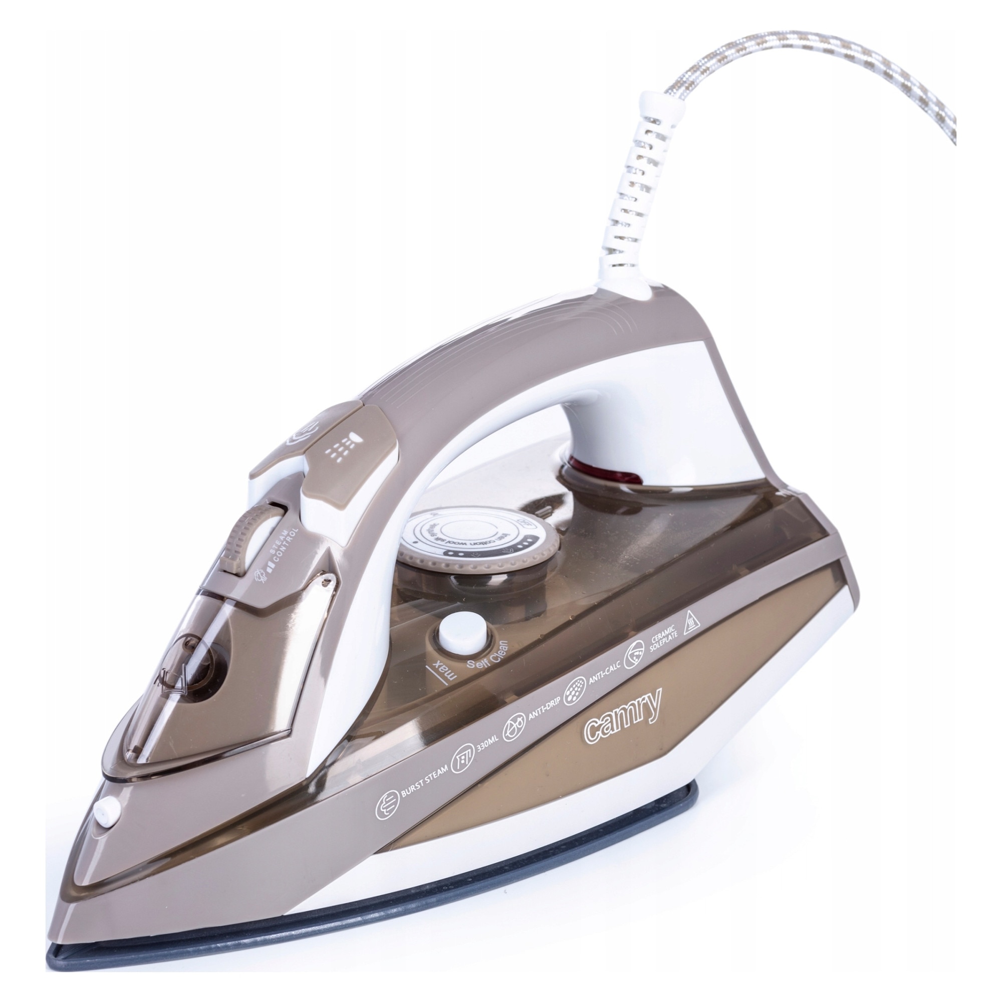 Fier de calcat cu abur Camry CR 5018, 3000 W, talpa ceramica, debit abur 60 g/min, rezervor 320 ml, auto-curatare, anti-calcar, blocare picurare, alb/bej