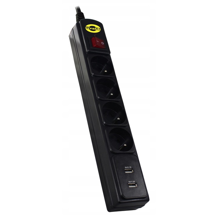Orvaldi ORV-4PL elosztó, 4 aljzat, 2x USB 2.0, 1.80m, fekete, 320x50x40mm