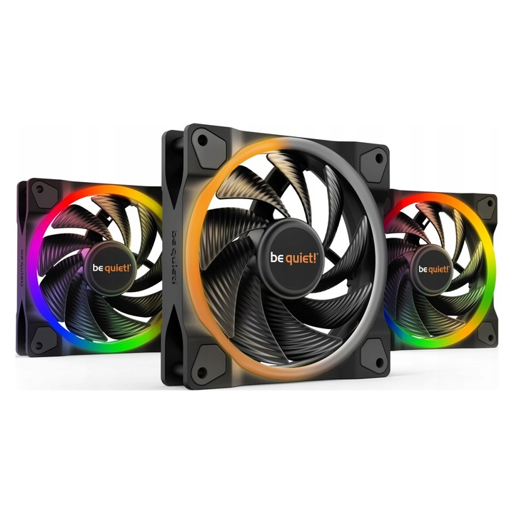Set 3 bucati ventilatoare be quiet! Light Wings 120mm PWM high-speed, ARGB fata si spate, PWM 2500 RPM cu nivel zgomot 31 dB, Negru, 3 x 120mm