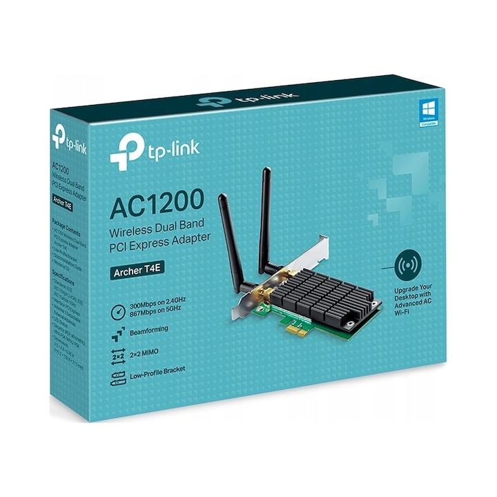 Мрежова карта Wi-Fi адаптер TP-Link Archer T4E AC1200 PCI-E, двубандов 2,4/5 GHz, beamforming, 2 външни антени 2x2 MIMO, Черен, 1 бр