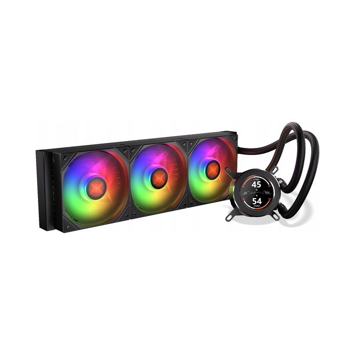 Sistem за течно охлаждане на процесор Krux HydroGlance 360 ARGB LCD, персонализиран LCD екран, ARGB с 3 вентилатора 120 мм PWM, меден блок, черен, 1 бр
