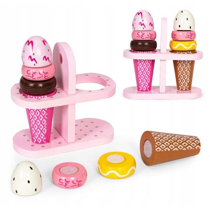 Комплект дървени играчки за сладолед за деца, 9 елемента, Ecotoys, цветен, 12см