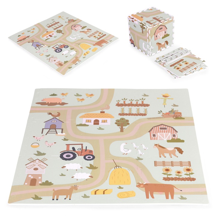 Mata puzzle от EVA пяна Ecotoys, ферма, 21 елемента, 90,5x90,5 см, противоплъзгаща
