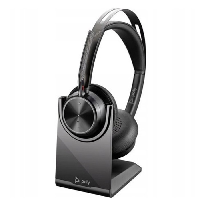 Casti wireless Bluetooth Poly Voyager Focus 2, ANC hibrid cu 3 niveluri, microfon Acoustic Fence, autonomie pana la 25 h, USB-C si adaptor USB-A, statie de incarcare si etui incluse, Negru, 1 buc
