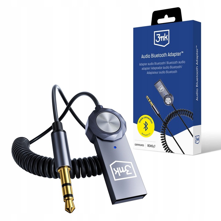 Transmitator Bluetooth audio 3mk Bluetooth 5.4, cu microfon incorporat, cablu Jack 3,5 mm cu terminatii aurite, negru, 1 buc