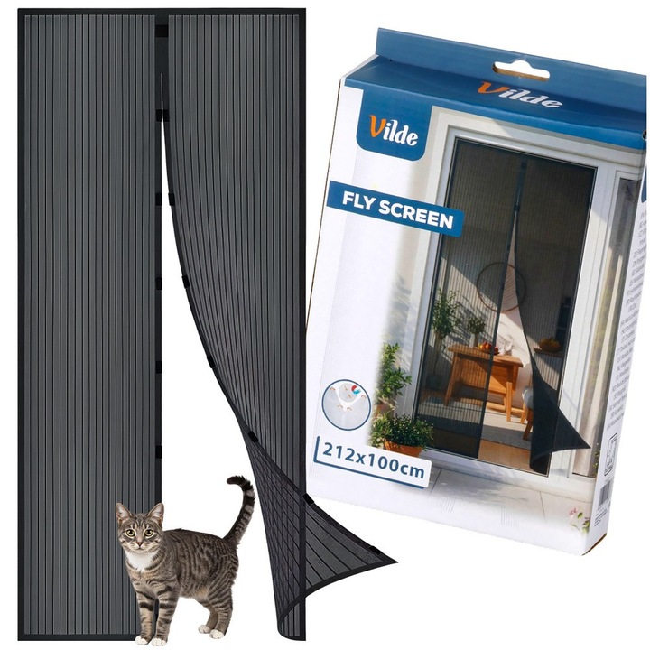 Mágneses szúnyogháló ajtóra, Orion, Klasszikus, 212x100 cm, Poliészter, Fekete, Automatikus mágneses záródás erőfeszítés nélkül, 2 db 50 cm széles háló, Prémium rovarvédelem, Tépőzáras szalaggal vagy rajzszöggel rögzíthető, Vágással állítható, Luxus