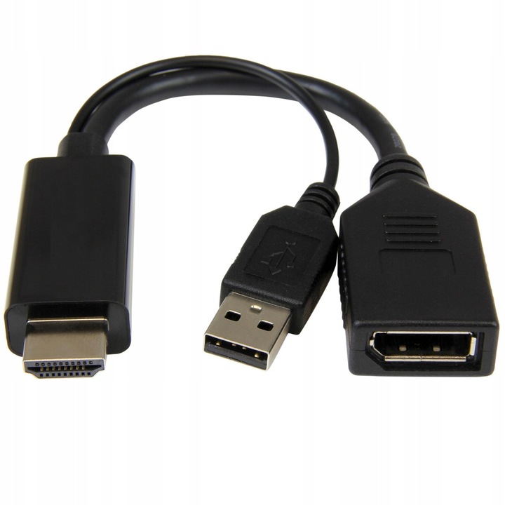 Aktív HDMI-DisplayPort adapter, 4K, fekete, 10 cm, USB-A készlettel