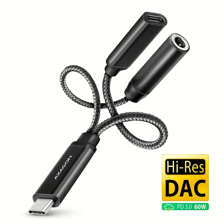 Аудио адаптер Axagon USB-C 384kHz/32-bit DAC 3.5mm (F), черен, 10см