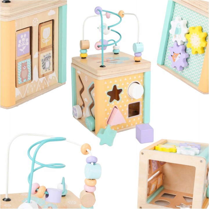 Дървен образователен куб, Ecotoys, сортер, 4 блока, 15,5x15,5x15,5см, за деца над 3 години